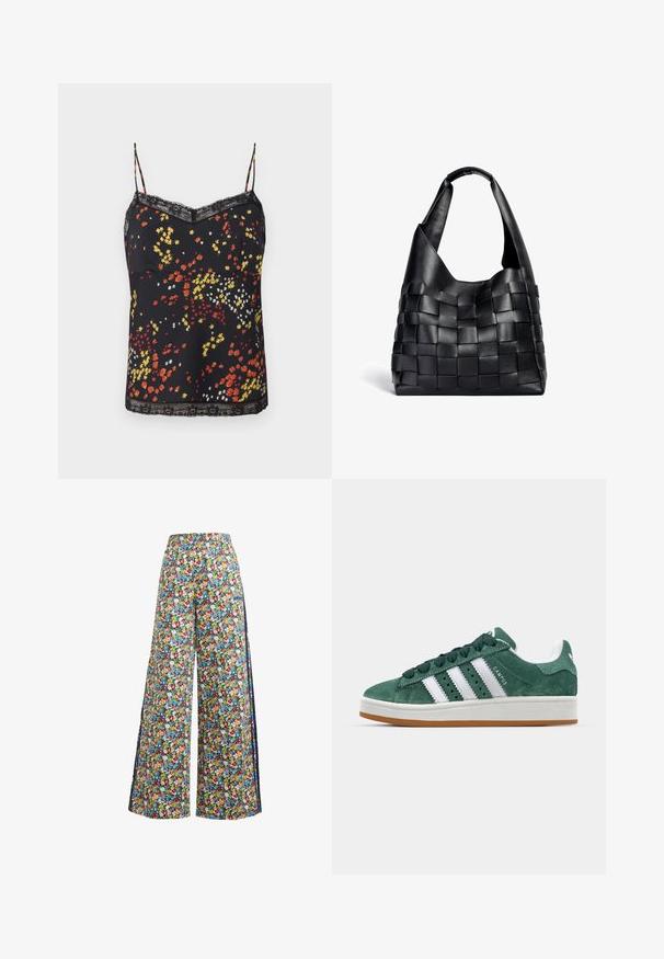 Black floral cami top featuring red, yellow, and white flower patterns. Lace trim at neckline and hem, with thin adjustable straps.; Wide-leg floral pants with a blue background, featuring a colorful pattern of red, yellow, and blue flowers, and an elastic waistband.; Green suede sneaker with white leather stripes, rubber sole, padded collar, and minimalistic design. Features branding on the side.; Black leather woven tote bag with a slouchy shape and wide shoulder strap. Features a textured, interlaced design with a smooth finish.
