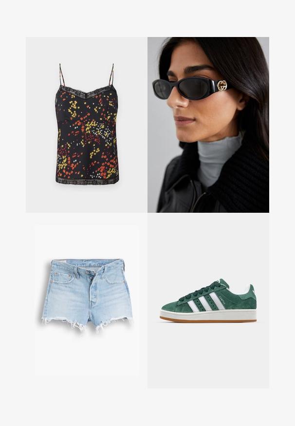 Czarna kamizelka w kwiaty z czerwonymi, żółtymi i białymi wzorami. Koronkowe wykończenie przy dekolcie i dolnej krawędzi, z cienkimi regulowanymi ramiączkami.; Jasnoniebieskie szorty dżinsowe z wysokim stanem, postrzępionym dołem, pięcioma kieszeniami i kontrastowym przeszyciem. Dwa guziki przy zapięciu z przodu.; Zielone zamszowe trampki z białymi skórzanymi paskami, gumową podeszwą, wyściełanym kołnierzem i minimalistycznym wzornictwem. Posiadają branding z boku.; Czarne okulary przeciwsłoneczne o eleganckim, prostokątnym kształcie z logo w kolorze złotym na boku. Ciemne soczewki i błyszczące wykończenie są wyraźnie widoczne.; Czarna skórzana torebka typu tote o luźnym kształcie i szerokim pasku na ramię. Posiada teksturowany, pleciony wzór z gładkim wykończeniem.