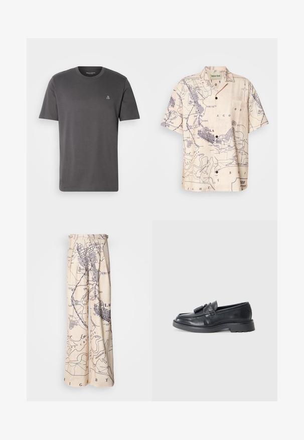 Sötétszürke, rövid ujjú pamut póló. Kerek nyakkivágása és egy kis "MOP" logója van a bal mellrészen. Egyszerű dizájn, sima textúra.; Rövid ujjú ing világos bézs anyagból, tengerészkék térképmintával, klasszikus gallérral és elülső zsebbel.; Bőszárú nadrág, tengerészkék térképmintával egy bézs háttéren, redőzött részletekkel a derékrészen és lazább szabással.; Fekete bőr loaferek, lekerekített orral, bojtokkal díszített pánttal és vastag talppal, amelynek a felülete mintázott. Sima textúra és klasszikus dizájn.
