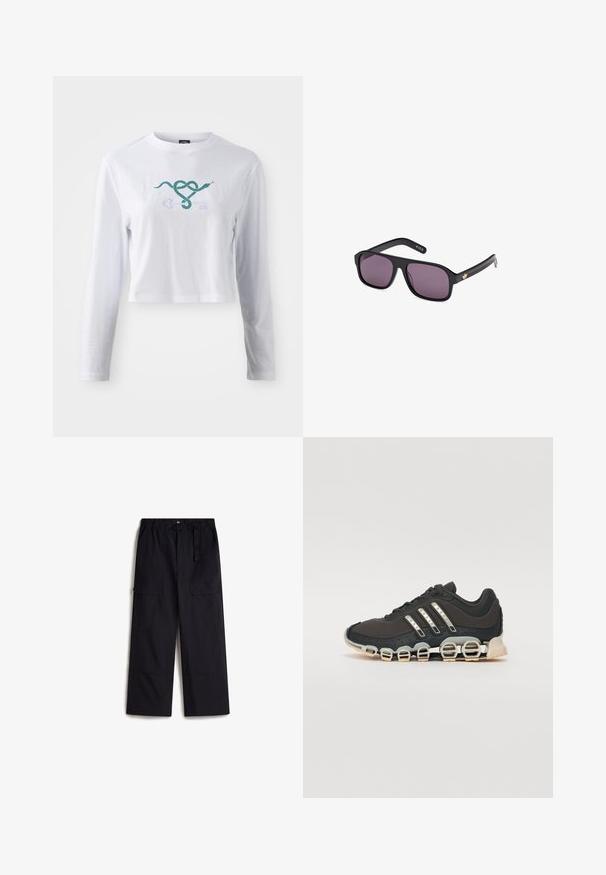 Bílý dlouhý rukáv, zkrácený tričko z bavlny, se zeleným grafickým motivem hada propleteného s designem klíče na přední straně.; Černé cargo kalhoty s elastickým pasem, nastavitelným opaskem a dvěma bočními kapsami. Vyrobeny z lehké, texturované látky.; Černá atletická bota s texturovaným svrškem, třemi stříbrnými pruhy a výraznou odpruženou podrážkou se spoustou integrovaných sekcí.; Černé sluneční brýle s hranatým rámem, tmavými skly a zlatým logem na straně. Hladký plastový materiál s matným povrchem.