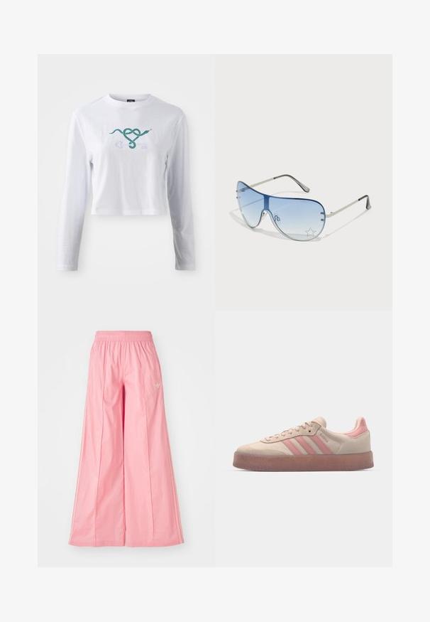 Valge pika varrukaga lühikese T-särk puuvillast, mille esiküljel on roheline mao graafika, mis on seotud võti kujundiga.; Roosa laiad püksid, mis on valmistatud kerge materjalist, elastse vöökoha ja peente valgete külgtriipudega. Ees on väike logo.; Beežist nahkkingad heledate roosa aktsentidega, tekstuuriga kummitald, ning kolm roosa triipu külgedel. Ümar nina ja nööridega disain.; Aviatori prillid, millel on gradient sinine objektiiv, hõbedane metallraam ja dekoratiivsed staaraktsendid objektiivil. Sujuv ja stiilne disain.