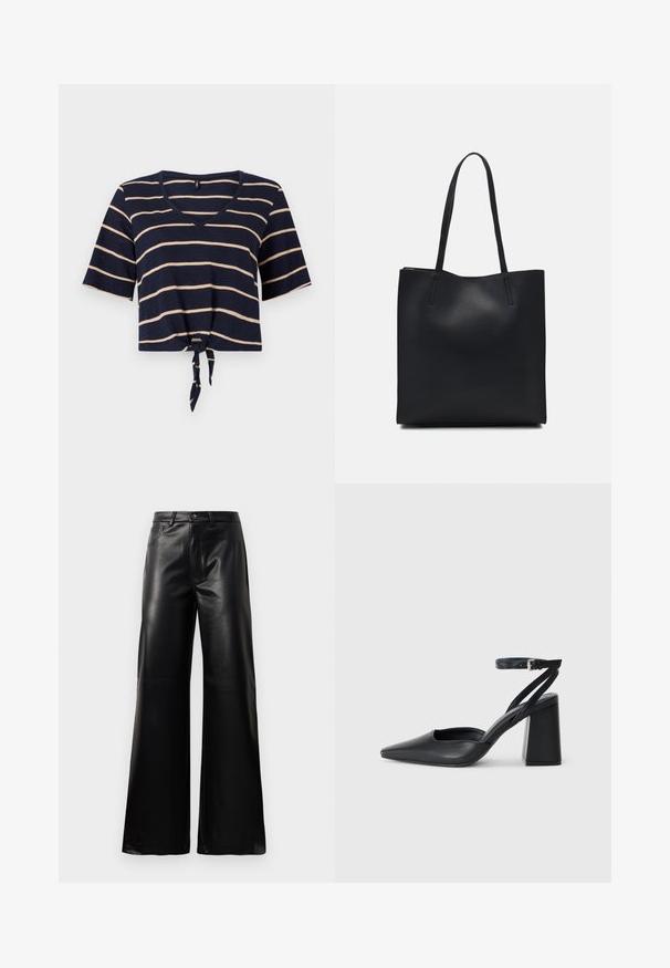 Navy sininen lyhythihainen crop-top t-paitaa, jossa on vaakasuoria kermaa raidat, V-pääntie, lyhyet hihat ja solmittu etuosa säädettävää istuvuutta varten. Pehmeä kankaan rakenne.; Mustat korkeat leveät keinonahkahousut, joissa on etupainike, vetoketjukiinnitys, vyölenkit ja sivutaskut valkoista taustaa vasten.; Mustat nahkakengät, joissa on kapea kärki, nilkkaremmi ja paksu korko. Tasainen pinta, tyylikäs muotoilu ja minimalistinen estetiikka.; Mustapahkainen kangaskassi, jossa on sileä pinta, suorakaiteen muotoinen ja kaksi pitkää kahvaa. Ei näkyvää metalliosaa tai koristeita.
