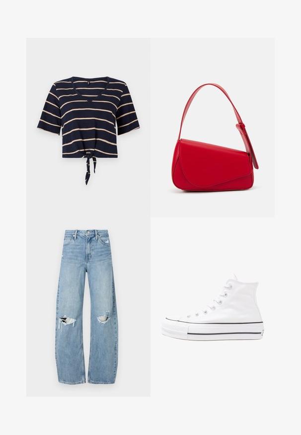 Marineblaue, kurz geschnittene T-Shirt mit horizontalen cremefarbenen Streifen, V-Ausschnitt, kurzen Ärmeln und einem vorderen Knoten für eine verstellbare Passform. Weiche Stofftextur.; Helles, hochtailliertes Jeans aus Denim. Hat weit geschnittene Beine, zwei aufgerissene Kniebereiche und klassischen Fünf-Taschen-Stil.; Weiße hochwertige Leinensneaker mit schwarzer Gummisohle, vorderem Gummizehenschutz und sechs Ösen für Schnürsenkel, die ein sauberes, minimalistisches Design aufweisen.; Rote Lederhandtasche mit einem kantigen, geometrischen Design. Verfügt über einen verstellbaren Schulterriemen und einen Klappenverschluss mit genähten Details.