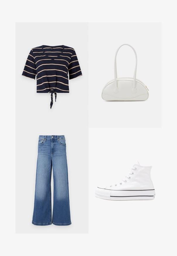 Mørkeblå kortermet T-skjorte med horisontale kremfargede striper, V-hals, korte ermer og knyttet front som gir justerbar passform. Myk stofftekstur.; Bredde jeans i lys blå denim. Har høyt liv, fem lommer og subtil fading ved kanten. Klassiske sømdetaljer.; Hvit høy-skinn kanvas sneakers med svart gummisåle, gummitåhette foran og seks hull for snorer, med et rent, minimalistisk design.; Even&Odd Håndveske - off-white