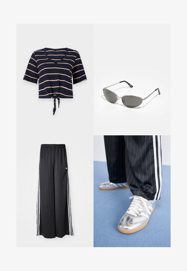 Granatowa, krótka koszulka z poziomymi kremowymi paskami, dekoltem w serek, krótkimi rękawami i związaną z przodu kokardą dla regulowanego dopasowania. Miękka tekstura materiału.; Czarne spodnie o szerokich nogawkach z pionowymi białymi paskami, elastycznym pasem i trzema białymi paskami po bokach. Logo Adidas z przodu.; Metaliczne srebrne trampki z białymi sznurowadłami i trzema białymi paskami, zestawione z czarnymi spodniami w prążki. Guma na podeszwie na dole.; Okulary przeciwsłoneczne z elegancką, srebrną metalową ramą, szarymi soczewkami i aerodynamicznym kształtem z wyraźnymi krawędziami oraz cienkimi zausznikami.; Czarny pikowany torba na zakupy z dużym otworem, zakrzywionymi kształtami na powierzchni oraz metką z żółtym i białym tekstem z przodu.; Zestaw srebrnych kolczyków: dwa owalne wkręty i dwa półokrągłe kolczyki w kształcie księżyca, z błyszczącym, gładkim wykończeniem i zaokrąglonym kształtem.