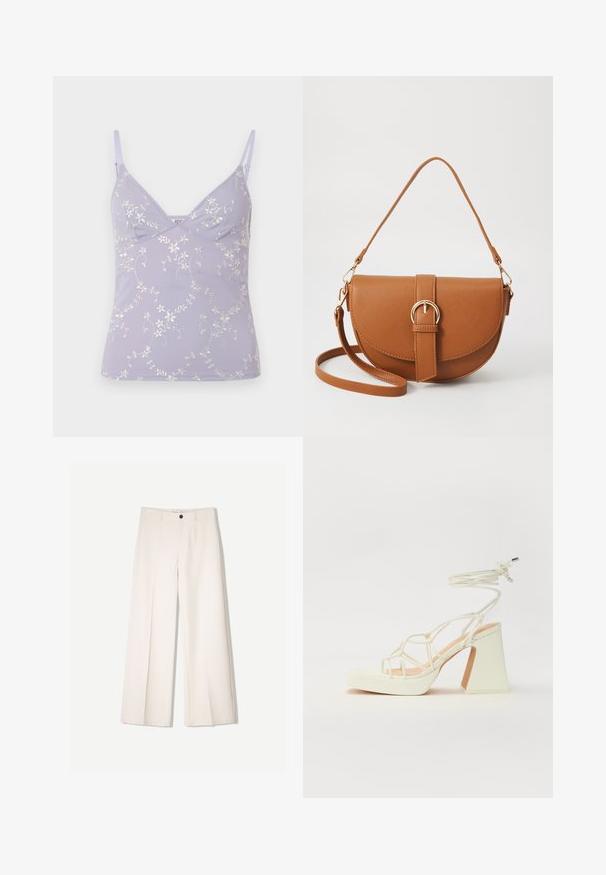 BDG Urban Outfitters JE TAIME BRODERIE - Top - lilac; Cream wide-leg trousers with a tailored design, featuring two front pockets and a single front button closure, made from smooth fabric.; White high-heeled sandal with a chunky heel, featuring a strappy design and ankle tie. Smooth texture with a platform front for added height.; Brown leather crossbody bag with a curved shape, gold hardware, and a buckle accent. Features a detachable shoulder strap.