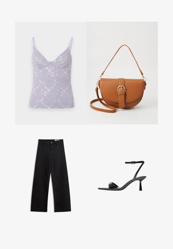 BDG Urban Outfitters JE TAIME BRODERIE - Linne - lilac; Svarta vida denimbyxor med hög midja, med fram- och bakfickor, sydda sömmar och knappstängning. Slät textur.; Bershka Sandaletter - black; Brun läder crossbody-väska med en böjd form, gyllene detaljer och en spänneaccent. Har en avtagbar axelrem.