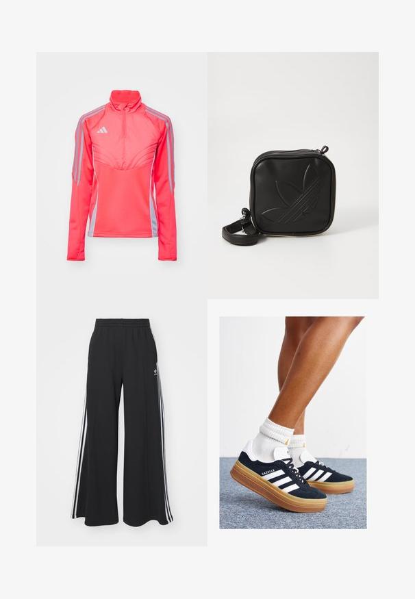 Pink athletic pullover jacket with a high collar, zippered neck, and gray side stripes. Features structured seams and a fitted design.; Black wide-leg sweatpants with an elastic waistband, featuring white side stripes and an embroidered logo on the left thigh.; Black suede sneakers with white stripes and accents, rounded toe, gum rubber outsole, paired with white ribbed crew socks.; Black square crossbody bag made of textured synthetic material. Features an embossed logo design and adjustable strap. Zipper closure.