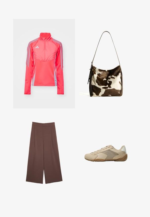 Pink athletic pullover jacket with a high collar, zippered neck, and gray side stripes. Features structured seams and a fitted design.; Brown wide-leg trousers with a smooth texture, featuring a high waist and front pleats. The fabric is lightweight and flows loosely.; Beige athletic shoe featuring a suede and mesh upper, textured rubber sole, and flat laces. Smooth accents at the heel with a rounded toe design.; Brown and cream cowhide shoulder bag with a smooth leather strap, zip closure, and a soft, textured surface featuring a natural pattern.
