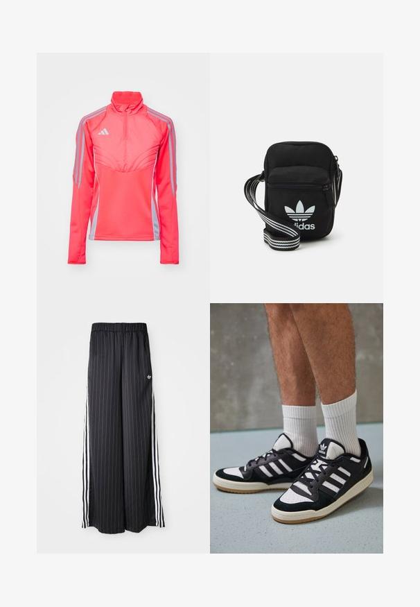 Rosa Sportpulloverjacke mit hohem Kragen, Reißverschluss am Hals und grauen Seitenstreifen. Verfügt über strukturierte Nähte und eine figurschmeichelnde Passform.; Schwarzfarbene, weit geschnittene Hosen mit vertikalen weißen Streifen, elastischem Bund und drei weißen Streifen an der Seite. Adidas-Logo auf der Vorderseite.; Schwarz-weiße Sneaker mit einem Obermaterial aus Wildleder und Leder, ausgestattet mit drei weißen Streifen, einer perforierten Zehenpartie und einer Sohle aus Gummi.; Schwarze Umhängetasche aus Stoff mit Reißverschluss, ausgestattet mit einem weißen Adidas-Logo und einem gestreiften, verstellbaren Tragegurt für einfachen Transport.
