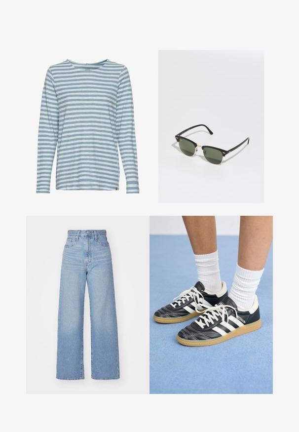 Langärmliges Hemd in Hellblau mit horizontalen Dunkelblauen Streifen. Rundhalsausschnitt, weicher Stoff, seitlicher Schlitz und kleines Logodetail am Saum.; Hellblaue High-Waist-Weite-Leg-Jeans mit Knopf- und Reißverschluss vorne, Vorder- und Rückentaschen, auf weißem Hintergrund.; Schwarze Ledersneaker mit weißen Streifen, runder Zehenpartie, weißen Schnürsenkeln und Gummisohle. Abgerundet durch gepolsterten Kragen und Branding-Details.; Schwarz-goldene Sonnenbrille mit grünen Gläsern, katzenaugenförmig, mit metallischen Akzenten und einem strukturierten Rahmen.
