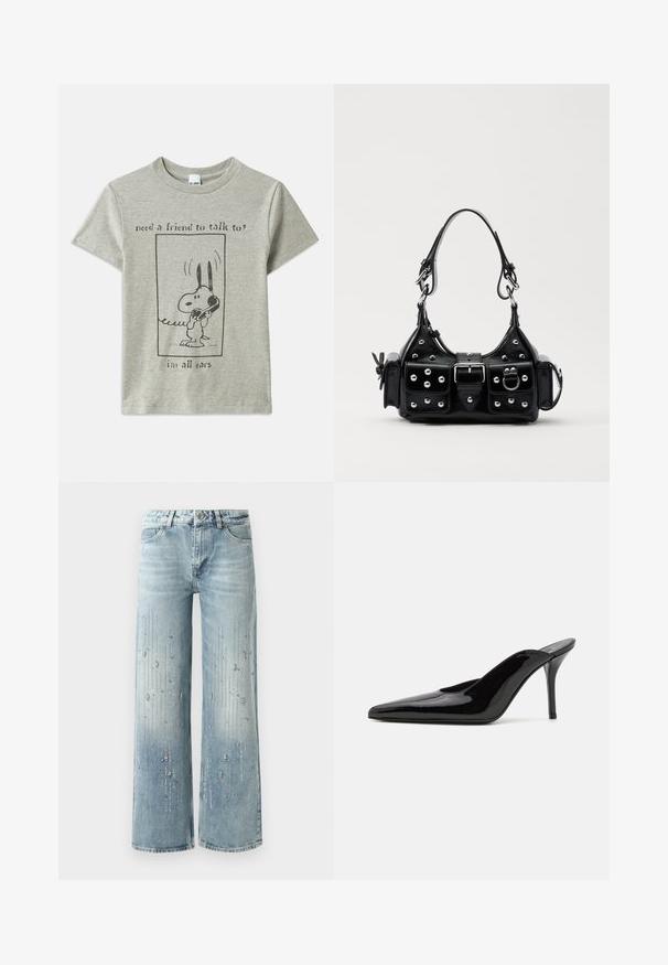 Grå bomulds t-shirt med en tegneseriehund, der holder en telefon, med teksten "har du brug for en ven at tale med? Jeg lytter."; Hvid blonde cropped jakke med klokkeærmer, der har en scalloperet kant og en dyb V-hals. Blødt materiale med indviklede blomster mønstre.; Lyseblå wide-leg jeans lavet af denim, med en gradient farveeffekt og pyntegenstande af sølv rhinsten i et vertikalt mønster.; Sorte lakerede højhælede mulesko med spids tå og en slank silhuet, der har åben hæl og en slank stilettohæl.; Sort læderhåndtaske med et buet design, prydet med sølvfarvede nitter, en spænde og to sidelommer. Justerbar rem til forskellige bære muligheder.