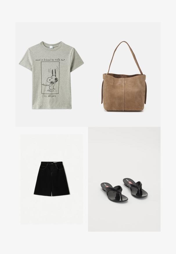 Grijze katoenen T-shirt met een cartoonhond die een telefoon vasthoudt, met de tekst: "wel een vriend nodig om mee te praten? Ik ben all ears."; Zwarte denim shorts met een losse pasvorm, uitgerust met vijf zakken, gele stikselaccenten en een midi-heup ontwerp.; Melissa MELISSA QUANTUM THONG X DIESEL - Teensandalen - black; Bruine suède schoudertas met een zachte textuur, open top en een enkele schouderband. Heeft een gladde afwerking en minimale detaillering.; Zwarte hars bangle armband met een gladde, glanzende oppervlakte en ronde randen. Bevat een klein goudkleurig "Pilgrim" logo aan de binnenzijde.