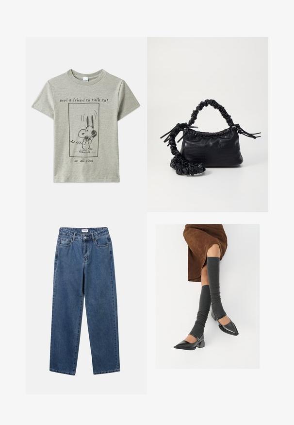 T-shirt grigio in cotone con un cane dei cartoni animati che tiene un telefono, con la scritta "Hai bisogno di un amico con cui parlare? Sono tutto orecchie."; Jeans in denim blu classico con design a gamba dritta, cinque tasche e chiusura con bottone. Presentano un lavaggio medio e una trama robusta.; Scarpe nere in pelle verniciata con punta affilata, tacco a blocco e cinturino alla caviglia, abbinate a scaldamuscoli grigi a coste e una gonna in suede marrone.; Borsa a tracolla in ecopelle nera con texture a coccodrillo, apertura cinchata e tracolla arricciata. Si presenta con un design morbido e compatto.