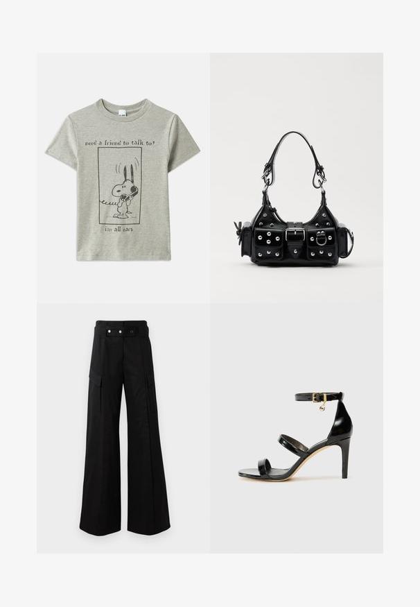 Sivi pamučni majica s crtanom psu koji drži telefon, s natpisom: "trebaš prijatelja za razgovor? Tu sam da slušam."; Crne široke hlače s visokim strukom, s velikim bočnim džepovima, dva prednja dugmeta i detaljem u obliku petlje. Izrađene od čvrste tkanine.; Crne lakirane kožne sandale s tri trake, kopčom na zapešću i potpeticom od 10 cm. Sadrže zlatne detalje i privjesak s logotipom.; Crna kožna torba s zakrivljenim dizajnom, koja sadrži srebrne zakovice, kopču i dva bočna džepa. Podesiva traka za različite opcije nošenja.