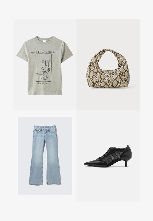 Pelēks kokvilnas T-krekls ar karikatūras suni, kurš tur telefonu, un teksts: "Vai tev vajag draugu, ar ko parunāt? Es esmu gatavs klausīties."; Weekday NOVA - Pieguloša piegriezuma džinsi - lip blue; Melnas norādītas kurpes ar sietu paneļa dizainu, kurām ir zems papēdis un šnuces priekšpuse. Izgatavotas no ādas un sieta materiāla kombinācijas.; Čūsku raksta soma ar izliekto rokturi. Izgatavota no teksturētiem, bēšiem un brūniem materiāliem, ar izteiksmīgu dimanta rakstu.