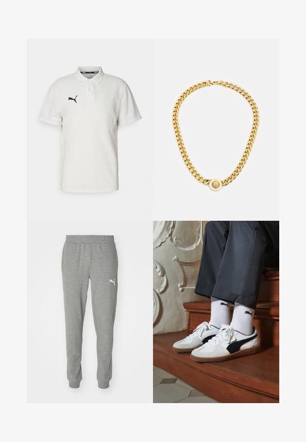 Bílá bavlněná polo tričko s černě vyšitým logem na levé hrudi, s klasickým límcem a krátkými rukávy.; Šedé tepláky vyrobené z měkké tkaniny, s elastickým pasem, zužujícími se nohavicemi a bílým logem na levém stehně.; Puma tenisky v bílé a černé semišové úpravě, s hnědou gumovou podrážkou. Kombinované s bílými ponožkami, na kterých je černé logo, nošeny s tmavými kalhotami.; Zlatý řetězový náhrdelník s velkými propletenými články, zdobený kruhovým přívěskem se zvýšeným emblémem uprostřed.