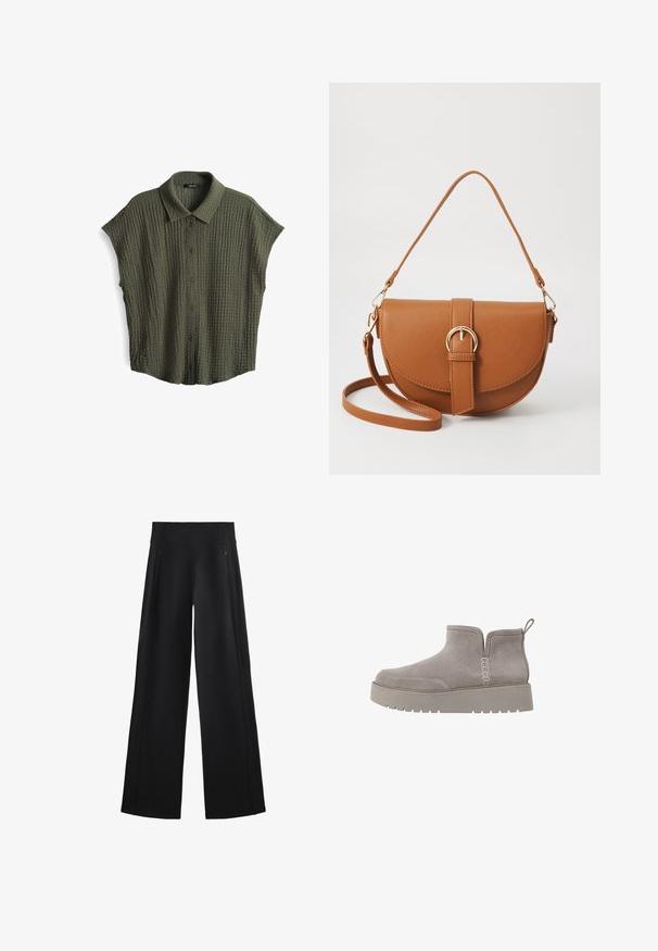 Camicia verde oliva a maniche corte realizzata in tessuto testurizzato, con colletto, chiusura a bottoni e design comodo.; Pantaloni neri a gamba larga realizzati in un tessuto morbido, dotati di una vita alta e due tasche con zip, con cuciture sottili lungo i lati.; Stivale alla caviglia in suede grigio, dal profilo basso, con pannelli laterali elastici e suola in gomma testurizzata. Presenta un inserto per una facile calzata.; Borsa a tracolla in pelle marrone con forma curvata, hardware dorato e un dettaglio con fibbia. Presenta una tracolla rimovibile.