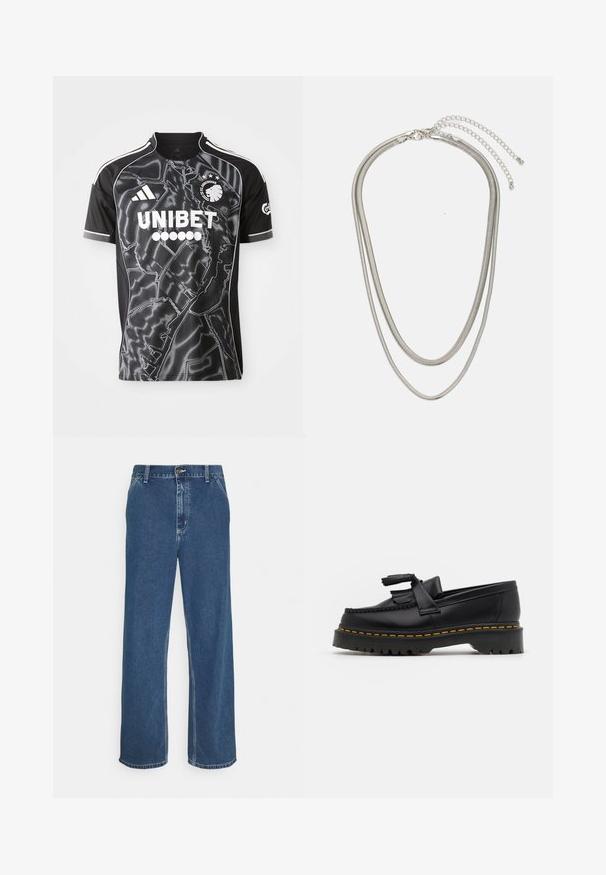 Maillot de football noir en polyester avec un motif graphique, présentant des accents blancs, un col rond et des logos de sponsors.; Jean en denim bleu avec une coupe droite, un design à cinq poches, fermeture à bouton métallique et coutures visibles le long des coutures et de l'ourlet.; Mocassin en cuir noir avec un accent à frange, doté d'une semelle épaisse noire et d'une couture jaune le long du bord. Fini texturé.; Collier en métal argenté à trois couches présentant des chaînes flexibles et élégantes avec un léger éclat, sécurisé par un fermoir en forme de homard et une chaîne ajustable.