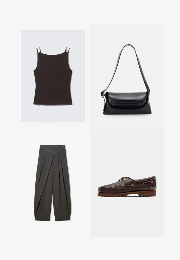 Fekete trikó vékony állítható pántokkal, puha anyagból készült, egyszerű, testhezálló dizájnnal és sima felülettel.; Szürke, plisírozott nadrág magas derekkal, gombos zárással és széles lábakkal. Simább, szőtt anyagból készült.; Barna bőr csónakcipő arany fémlyukakkal, kerek fűzőkkel és texturált barna gumitalppal. Díszített varrásokkal és kiemelkedő logóval rendelkezik.; Fekete bőr kézitáska, amelynek struktúrált formája, sima textúrája és egyetlen vállpántja van. Finom, lekerekített fedél kialakítással rendelkezik.