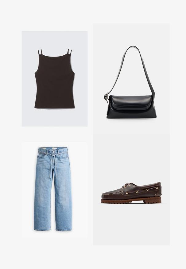 Black tank top with thin adjustable straps, made of soft material, featuring a simple, fitted design with a smooth texture.; Light blue denim wide-leg jeans with a high waist, button and zip closure, and a drawstring detail at the waist. Raw hem finish.; Brown leather boat shoe with gold eyelets, round laces, and a textured brown rubber sole. Features stitched detailing and a raised logo.; Black leather handbag with a structured shape, a smooth texture, and a single shoulder strap. Features a subtle, rounded flap design.