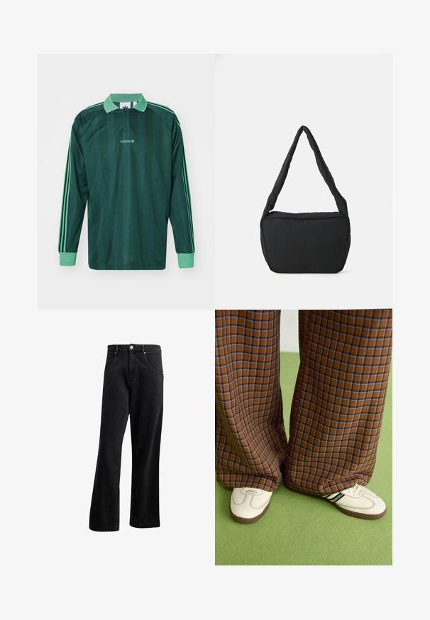adidas Originals LONG SLEEVE - Poloshirt - mineral green; Zwarte denim jeans met een recht gesneden ontwerp, voorzien van voorzakken, een knoopsluiting en een lichte textuur. Inclusief een subtiele logo-detail.; Bruine en blauwe geruite wijde broek, gecombineerd met witte schoenen met zwarte accenten en een gestructureerde zool, gezet tegen een groene achtergrond.; Zwarte schoudertas met een gewatteerde textuur, een ronde vorm en een brede schouderband, met een reliëflogo aan de voorkant.