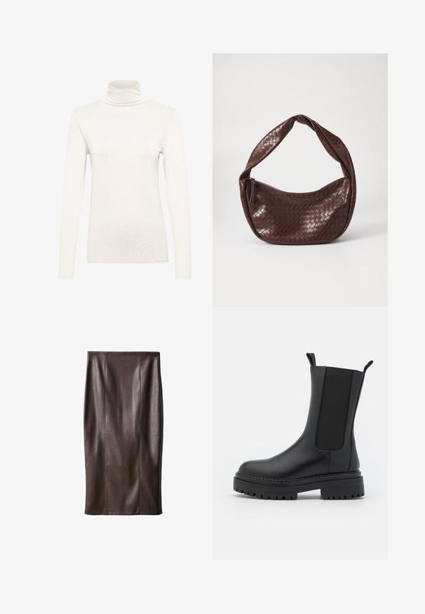 Lange mouw turtleneck top in crème, gemaakt van zachte stof met een aansluitende pasvorm. Kenmerkt zich door een hoge hals en een gladde, gelijkmatige textuur.; Bruine leren kokerrok met een gladde textuur, knie-lang, met verticale naden voor het ontwerp. Geen extra hardware of accenten.; RAID CHERISH - Plateaulaarzen - black; Bruine geweven leren handtas met een gebogen, geknoopte hengsel en een ritsluiting. Glad oppervlak en ronde vorm.; Set van drie elastische hoofdbanden in zwart en wit, met een gladde textuur en een eenvoudig, plat ontwerp. Elke band is uniform in breedte.