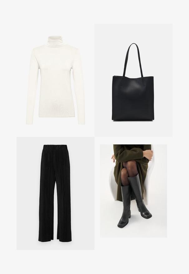 Bluzka z długim rękawem i golfem w kolorze kremowym, wykonana z miękkiego materiału z dopasowaną sylwetką. Posiada wysoki kołnierz i gładką, równą fakturę.; Czarne spodnie plisowane z elastycznym paskiem w talii. Posiadają szerokie nogawki oraz gładki, teksturowany materiał z pionowymi paskami.; Kozaki skórzane do kolan w kolorze czarnym, z kwadratowym noskiem i słupkowym obcasem, pokazane na modelce siedzącej w oliwkowej zielonej kurtce. Gładka tekstura, minimalne detale.; Czarna skórzana torba tote o gładkiej fakturze, prostokątnym kształcie i dwóch długich uchwytach. Brak widocznych elementów metalowych i ozdób.