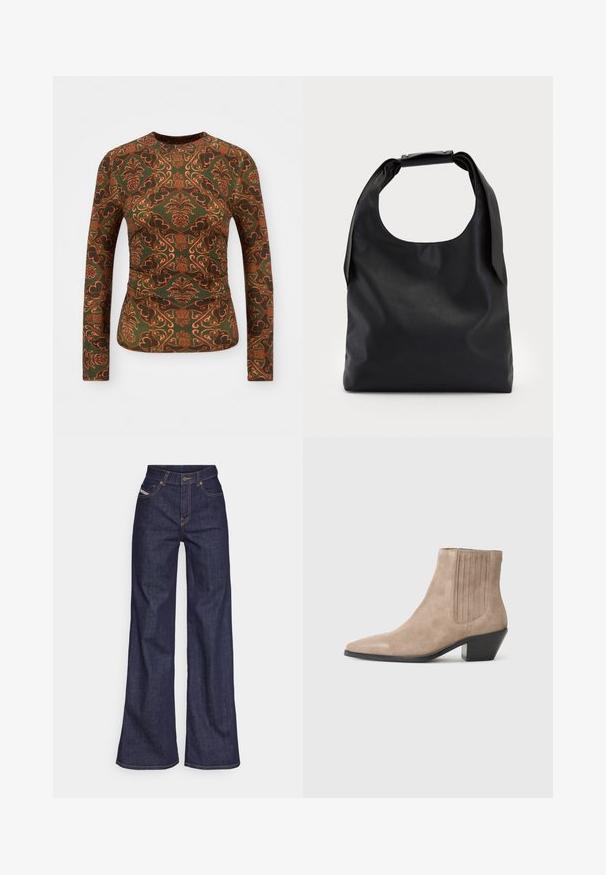 Pikema varrukatega rohelisest kangast särk, millel on lillene ja paisley mustrid oranži ja pruuni tooni. Ümmargune kaelus, liibuv disain.; Tumedates sinised laiad teksad denimpesus, kõrge vöökohaga, mis on varustatud oranžide õmblustega, viie-taskulise disaini ja nööbiga kinnitusega.; Beez suéde säärised jalaotsaga, millel on terav varvas ja vormitud konts, külgedel vertikaalsed õmblustooted.; Must коммерcный кott sa больше, с хорошоииr rAlpha-gaind да спинай ониигякца; и Storeup вocusedайфиқатяk санжинг ын ал trustだ রতাє 적에и; Hõbedased rõngaskõrvarõngad, millel on sile, läikiv viimistlus. Ümmargune kuju ja turvaline klõpsulatus. Kerge disain, sobib igapäevaseks kandmiseks.