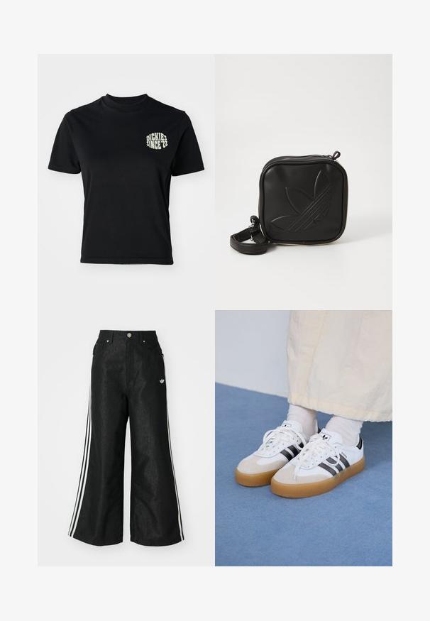 Black cotton t-shirt with a crew neck and short sleeves; features a light green graphic "DICKIES SINCE '22" on the left chest area.; Black wide-leg denim pants with three white stripe accents on each side and a small white logo. Features front pockets and a button closure.; White sneakers with black stripes and beige suede accents. Feature a textured gum sole and flat white laces, worn with light-colored socks.; Black square crossbody bag made of textured synthetic material. Features an embossed logo design and adjustable strap. Zipper closure.