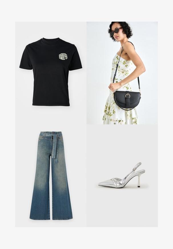 Sort bomulds t-shirt med rund hals og korte ærmer; har et lys grønt grafik "DICKIES SINCE '22" på venstre brystområde.; Bredbens-denimbukser med en lys til mørk blå gradient, høj talje, bælteløkker og et matchende stofbælte. Tekstureret denimfinish.; Sølv slingback højhælet sko med spids tå, metallisk finish, to dekorative stropper og en slank hæl med sort spids.; Sort læderhåndtaske med en buet form, aftagelig rem og guldfinish. Tasken har en klap med en spænde detalje.