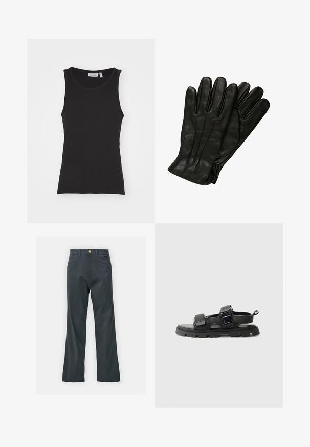 Canotta nera senza maniche in cotone, con collo rotondo, texture a costine e orlo dritto. L'etichetta riporta "WEEKDAY."; Pantaloni neri con taglio dritto, realizzati in tessuto misto cotone. Presentano una chiusura con bottone metallico e tasche laterali. Nessun motivo visibile.; Sandali neri con una tomaia in tessuto testurizzato, fasce larghe, accentuazioni in metallo e una suola spessa in gomma con un motivo a rilievo.; Guanti in pelle nera con una texture liscia, cinque dita e dettagli di cucitura sottili. Design classico, adatti per l'uso in clima freddo.