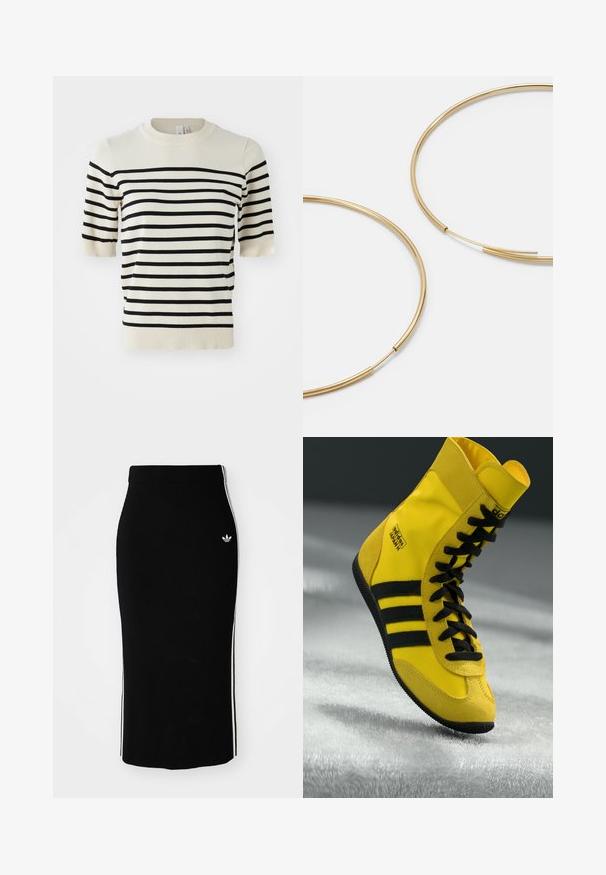 Kremkrāsas īsām piedurknēm svītra ar horizontālām melnām svītrām. Iezīmē apaļu dekoltē un mīkstu adījuma faktūru. Ribota apakšmala un aproces.; Melna ribota midi svārki ar pieguļošu siluetu, ar baltām sānu svītrām un mazu baltu emblēmu kreisajā pusē.; Augstās tenisa kurpes, kas izgatavotas no dzeltena sintētiska materiāla, ar melnām šņorēm, trim melnām svītrām un zīmolu uz sāniem. Tekstūrota gumijas zole.; Zelta krāsas auskari gredzena formā, plāni un apaļi, ar gludu metāla apdari un bez rotājumiem vai zīmējumiem.