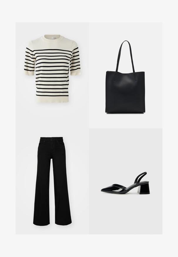 Krämfärgad kortärmad tröja med horisontella svarta ränder. Har rund halsringning och mjukt stickat material. Ribbad fåll och ärmslut.; Svarta vida byxor i denim, med en strukturerad midja, bältesöglor och framfickor. Slät textur med en klassisk design.; Svarta lackläder slingback klackar med spetsig tå och geometrisk klack. Har en elegant, minimalistisk design och slät yta.; Svart lädertoffelväska med slät textur, rektangulär form och två långa handtag. Ingen synlig hårdvara eller dekorationer.