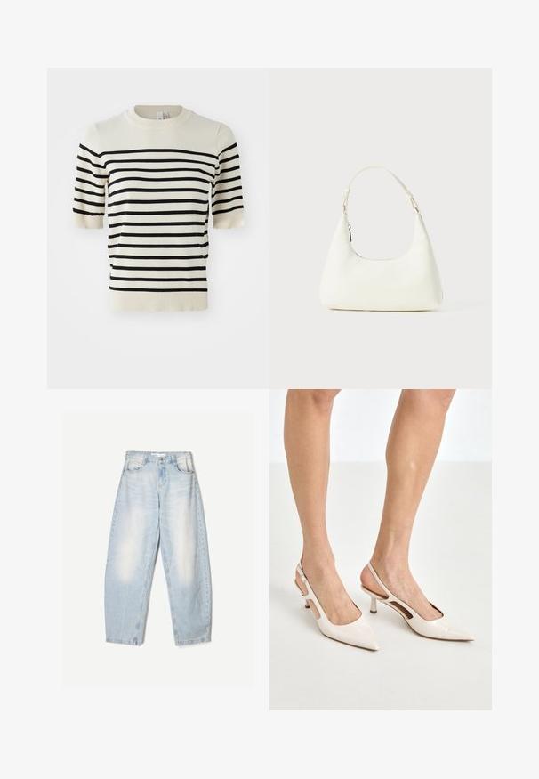 Kremasti pulover kratkih rukava s horizontalnim crnim prugama. Ima okrugli izrez i mekanu pletenu teksturu. Produkt ima rebraste rubove i manžete.; Svijetloplave traperice s širokim krojem, s izblijedjelim završetkom, dva prednja džepa i dugmetom za zatvaranje na struku.; Bež cipele na petu od lakiranih koža s uskim vrhom i petom od 5 cm, s izrezanim stranama i tankim remenom oko gležnja.; Mala mala bijela torbica s jednim podesivim remenom i zatvaračem na munje, postavljena na jednostavnoj bijeloj pozadini.