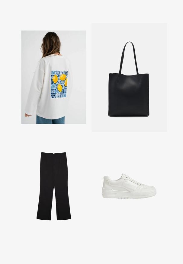 Biała, oversize'owa bluza z długim rękawem, na plecach z niebiesko-białym wzorem graficznym przedstawiającym cztery żółte cytryny.; Czarne spodnie o prostym kroju, z przednimi kieszeniami i bocznymi rozcięciami na dole. Wykonane z miękkiego, gładkiego materiału. Odpowiednie na różne okazje.; Białe skórzane trampki o gładkiej fakturze, z wyściełanym kostkiem i perforowanym noskiem. Posiadają lekko podwyższoną gumową podeszwę i sznurowany fason.; Czarna skórzana torba tote o gładkiej fakturze, prostokątnym kształcie i dwóch długich uchwytach. Brak widocznych elementów metalowych i ozdób.