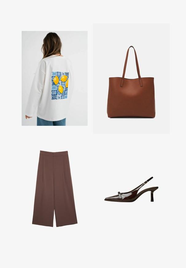 Felpa bianca oversize con maniche lunghe, caratterizzata da una grafica blu e bianca con quattro limoni gialli sul retro.; Pantaloni ampi marroni con una texture liscia, caratterizzati da una vita alta e pieghe frontali. Il tessuto è leggero e scorre liberamente.; Scarpa slingback in pelle verniciata marrone con punta appuntita, tacco basso e un accentuato fiocco decorativo nella parte anteriore. Texture liscia e lucente.; Borsa tote in pelle marrone con texture liscia, design con apertura superiore e due spallacci. Presenta cuciture minime e nessun hardware visibile.