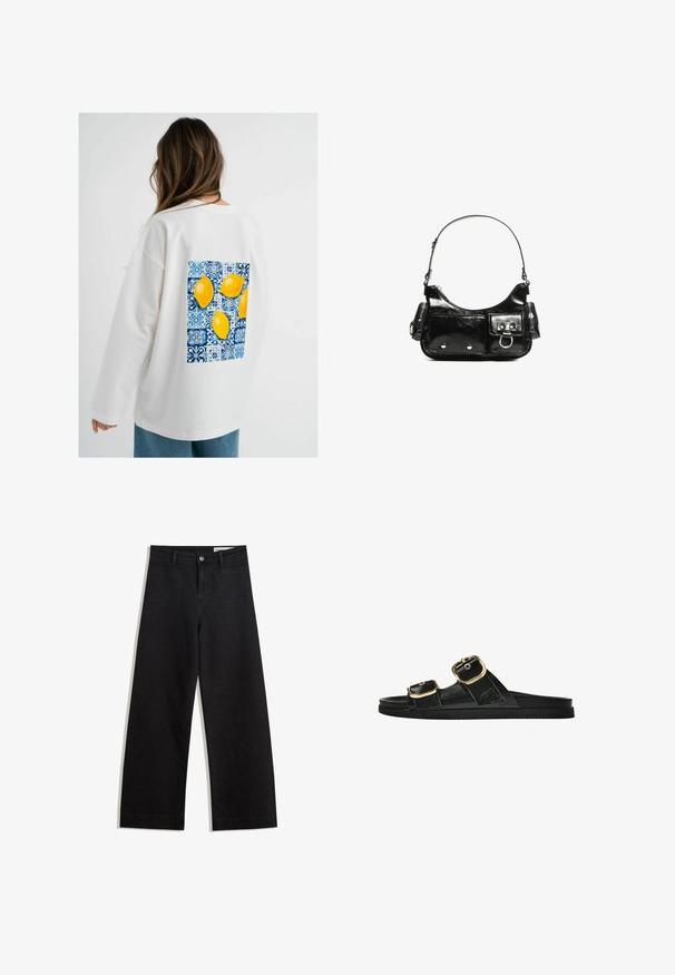 Weißes, übergroßes Sweatshirt mit langen Ärmeln, das auf der Rückseite ein blau-weißes grafisches Muster von vier gelben Zitronen zeigt.; Schwarze weit geschnittene Jeans mit hoher Taille, ausgestattet mit Vorder- und Hintertaschen, gesteppten Nähten und einem Knopfverschluss. Glatte Textur.; Schwarze Riemensandale mit zwei goldenen Schnallendetails, glattem Material, flachem Sohlen und minimalistischer Gestaltung.; Schwarze Lackleder-Handtasche mit geschwungenem Design, einem Schulterriemen, Vordertaschen und silberfarbenen Hardware-Akzenten.