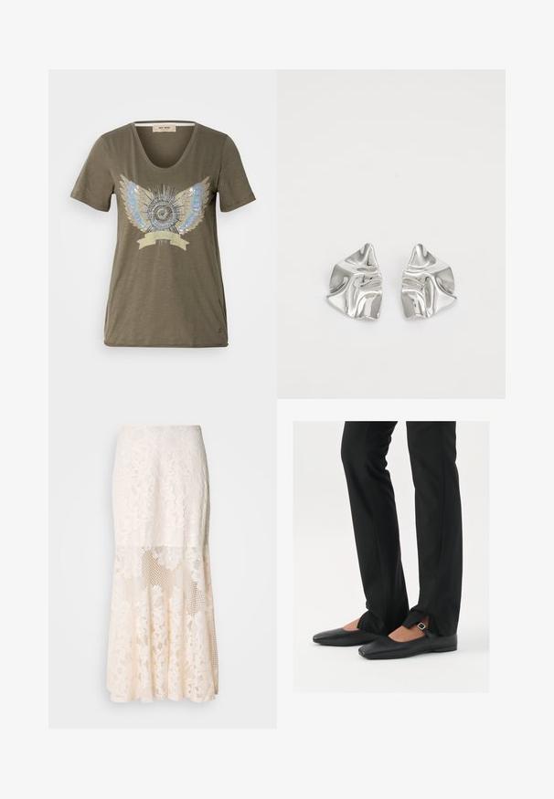 Camiseta verde oliva con cuello en V, que presenta un diseño central adornado de alas plateadas y azules alrededor de un motivo circular.; Falda midi de encaje floral en crema; cuenta con un diseño en capas con secciones transparentes, encaje texturizado y un dobladillo acampanado.; Bailarinas de cuero negro con punta afilada, correa con hebilla de plata, combinadas con pantalones negros ajustados que presentan un dobladillo con abertura.; Pendientes de metal plateado con un diseño ondulado y escultórico, que presentan un acabado pulido y formas irregulares, destacando una estética contemporánea.
