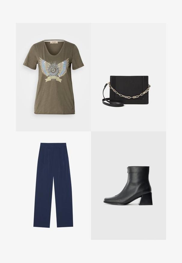 Camiseta verde-oliva com decote em V, apresentando um design central adornado com asas prateadas e azuis em torno de um motivo circular.; Calças largas azul-marinho feitas de um tecido suave, com plissados frontais, uma textura lisa e um corte recto sem bolsos visíveis.; Bota de tornozelo em couro preto com bico quadrado, fecho lateral e salto bloco contra um fundo claro plano.; Bolsa crossbody de couro preto com uma textura suave, forma retangular e um detalhe em corrente metálica na frente. Inclui uma alça ajustável.