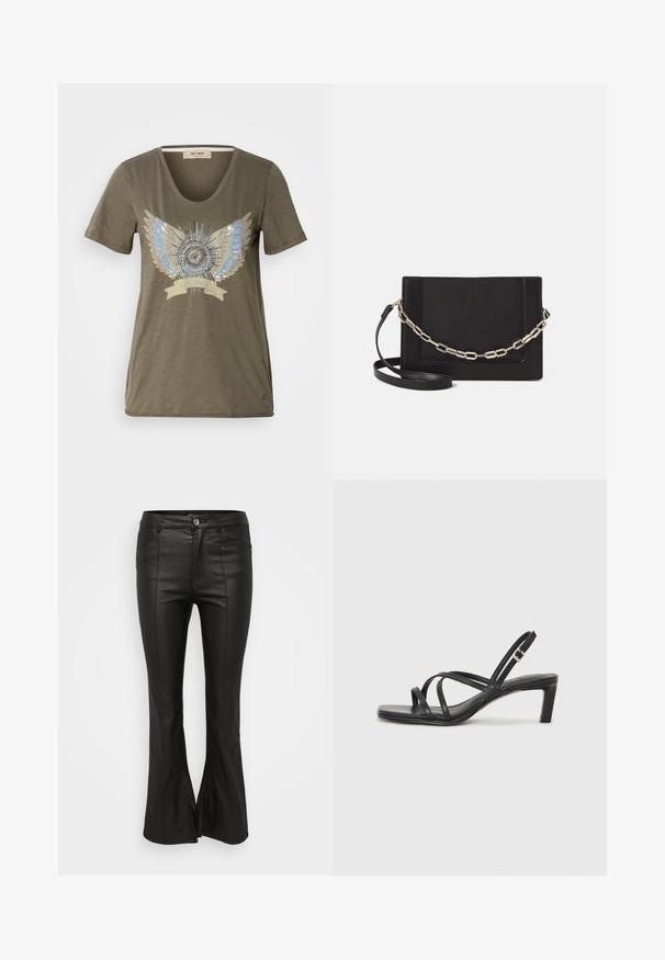Olive green T-shirt with a V-neck, featuring a central embellished design of silver and blue wings around a circular motif.; Black flared pants with a shiny, leather-like texture, featuring front pockets, a button closure, and side slits at the hem.; Black strappy sandal with a square toe and a low block heel. Features multiple thin straps and an adjustable ankle strap. Made of smooth leather.; Black leather crossbody bag featuring a smooth texture, rectangular shape, and a metallic chain detail on the front. Adjustable strap included.