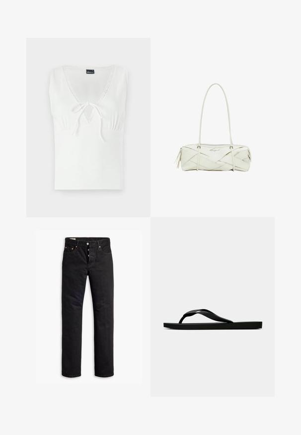 Fehér ujj nélküli felső, V-nyakkivágással, csipke díszítéssel és elülső megkötéssel. Bordázott anyagból készült, testhezálló szabással.; Fekete farmereket egyenes szabással, öt zsebből álló dizájnnal és gombos zárással. Jellemzői a réz szegecsek és a varrási díszítések.; Fekete gumipapucs, textúrált pánttal és egyszerű lapos talppal, oldalnézetből, világos háttér előtt.; Fehér bőr kézitáska szőtt textúrával, hosszú vállpánttal, cipzáras záródással és díszítő logóval. Részét képezi a végén található bojt dísz.