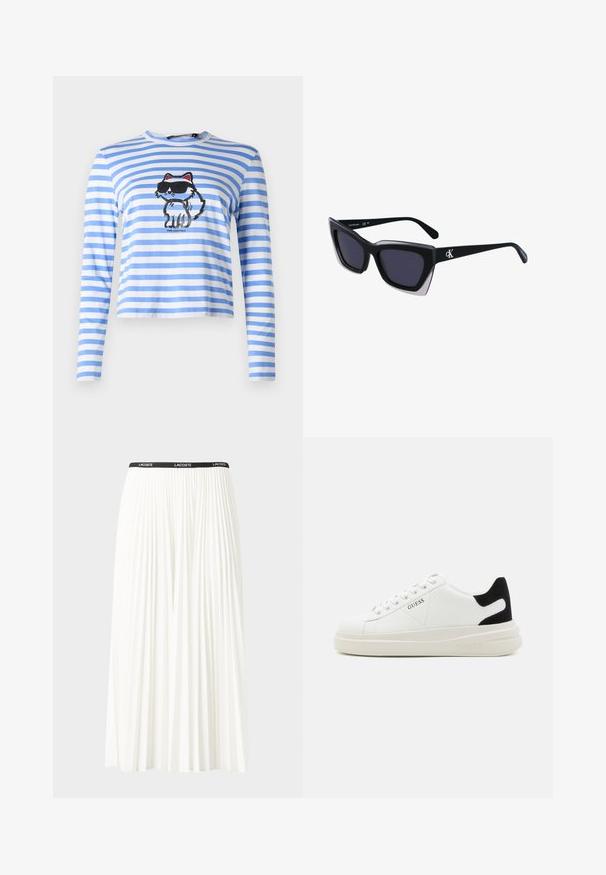 Mėlynai ir baltai dryžuota ilgomis rankovėmis marškinėliai su katės, kuri dėvi saulės akinius, grafika. Pagaminta iš minkštos medvilnės su laisvu siluetu.; Pleated balta sijonas su juodu elastiniu juosmeniu, ant kurio yra "LACOSTE" logotipas. Vidutinio ilgio dizainas su švelnia tekstūra.; Baltos odinės sportbačiai su storu baltu padu, juodu nubuko kulno akcentu ir iškilmingu logotipu šone. Su raišteliais, turinčiais šešis akinius.; Juodos didelės saulės akinių su geometrine forma, turinčiais tamsius objektyvus ir kontrastingą pilką detalę ant rėmelio. Logotipas ant šalon.