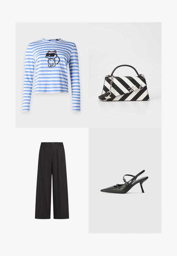 Cămașă cu dungi albastre și albe, cu mânecă lungă, având un grafic cu o pisică în ochelari de soare. Fabricată din bumbac moale, cu o croială lejeră.; Pantaloni negri cu croi larg, cu talie înaltă, având plissuri frontale și o textură netedă. Confecționați dintr-un material ușor.; Pantofi cu toc slingback din piele neagră, cu vârful ascuțit, toc subțire și detaliu decorativ cu cataramă pe partea din față. Textură netedă și design elegant.; Geantă cu dungi alb-negru, cu o formă structurată, având un mâner superior, o curea din lanț detașabilă și un accent metalic cu logo.