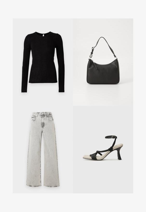 Samsøe Samsøe DOU - Pitkähihainen paita - black; Vaaleanharmaat leveälahkeiset farkut, joissa haalistunut pesu, etutaskut ja napitettava suljin. Malli on rento ja tilava.; Mustat korkokengät, joissa on punottuolkaiminen design, neliömäinen kärki ja säädettävä nilkkahihna. Vaaleanbeige jalkapohja ja kiiltävä musta korko.; Mustat nahkakäsilaukku, jossa on kaareva muoto, yksi hihna, vetoketjukiinnitys ja hienovarainen brändäys etuosassa. Sujuva pinta, minimalistinen muotoilu.