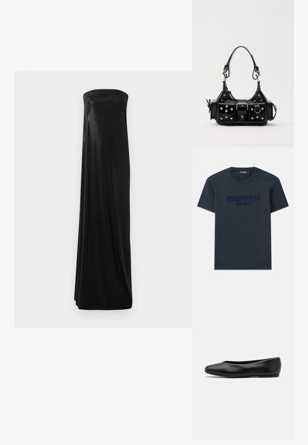 T-shirt en coton bleu marine à manches courtes, col rond, avec le logo "DSQUARED2 MILANO" imprimé en bleu foncé sur la poitrine.; Robe maxi noire sans bretelles en tissu lisse et brillant. Présente un corsage ajusté et une silhouette fluide, atteignant le sol sans embellissements.; Paul Smith TOPANGA - Ballerines - black; Sac à main en cuir noir au design courbé, avec des clous en argent, une boucle et deux poches latérales. Bandoulière réglable pour différentes options de transport.