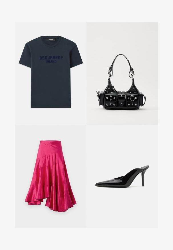 T-shirt en coton bleu marine à manches courtes, col rond, avec le logo "DSQUARED2 MILANO" imprimé en bleu foncé sur la poitrine.; Jupe en satin magenta avec un ourlet évasé, présentant des panneaux superposés et un design asymétrique. Texture lisse et coupe mi-longue.; Mule en cuir verni noir à talon haut avec un bout pointu et une silhouette épurée, doté d'un dos ouvert et d'un talon aigu slender.; Sac à main en cuir noir au design courbé, avec des clous en argent, une boucle et deux poches latérales. Bandoulière réglable pour différentes options de transport.
