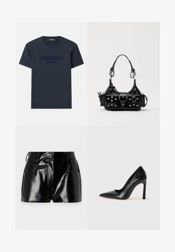 Námornícky modré bavlnené tričko s krátkymi rukávmi, okrúhlym výstrihom a logom "DSQUARED2 MILANO" potlačeným tmavomodrou farbou na hrudi.; Čierne lesklé šortky vyrobené z syntetického materiálu. Majú priliehavý pás, pútka na opasok a predné vrecká s výraznými švovými detailmi.; Čierna lodička s špicatou špičkou a lakovanou textúrou krokodíla, s elegantným dizajnom, vysokým stiletto podpätkom a hladkým čiernym interiérom.; Čierna kožená kabelka s zakriveným dizajnom, doplnená striebornými cvočkami, prackou a dvoma bočnými vreckami. Nastaviteľný popruh poskytuje rôzne možnosti nosenia.