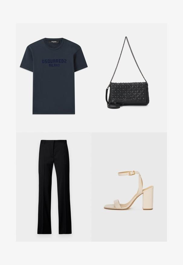 Navyblauw katoenen T-shirt met korte mouwen, ronde halslijn en het logo "DSQUARED2 MILANO" in donkerblauw gedrukt over de borst.; Zwarte rechte broek van gladde stof, met een platte voorkant, riemlussen en zonder zichtbare zakken of versieringen.; Beige hoge hakken sandaal met een vierkante neus, dunne enkelband en blokhak. Gladde leren textuur met een gouden sluiting.; Zwarte gewatteerde leren tas met een kettinghengsel, voorzien van schedelaccenten en een ritssluiting. Getextureerd oppervlak met een glanzende afwerking.