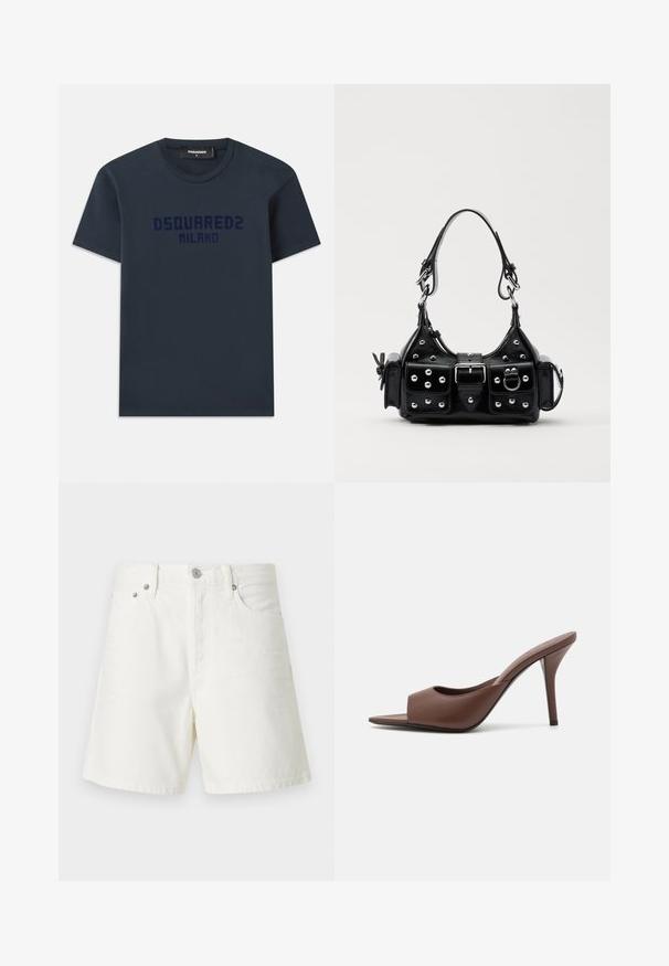 Camiseta de algodón azul marino de manga corta, con cuello redondo y logo "DSQUARED2 MILANO" impreso en azul oscuro en el pecho.; Shorts de mezclilla blanca con corte recto, diseño de cinco bolsillos, cierre frontal con botón, herrajes plateados y detalles de costura.; Mules de tacón alto destalonados de cuero marrón con un diseño elegante, que cuentan con una amplia banda frontal y un tacón de aguja esbelto.; Bolso de mano de cuero negro con un diseño curvado, que cuenta con tachuelas plateadas, una hebilla y dos bolsillos laterales. Correa ajustable para opciones de transporte.